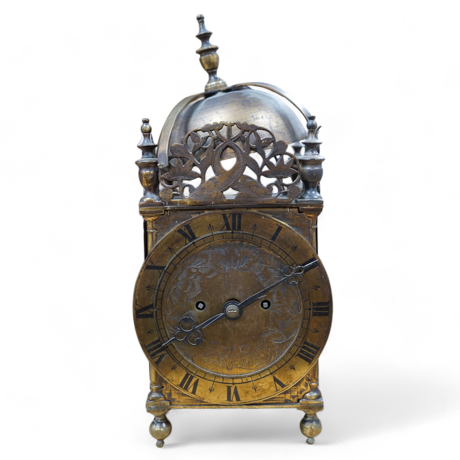 A Victorian lantern clock, Thomas Loomes at the Mermaid in Lothbury to the dial plate, twin fusee movement, 35cm high. Condition - fair, parts detached